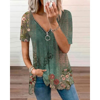 Floral Tribal Print Zipper Design Top - green