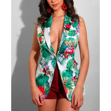 Floral Tropical Print Shawl Collar Vest Blazer Coat - green