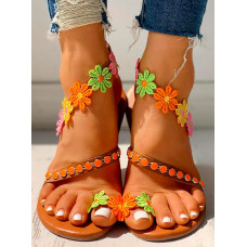 Flower Embellished Toe Ring Flat Sandals - orange