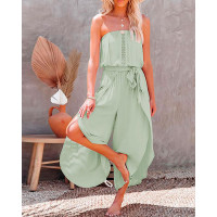 Flowy Bandeau Lace Patch Slit Wide Leg Jumpsuit - green