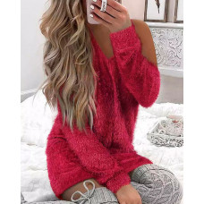 Fluffy Cold Shoulder Long Sleeve Dress - red