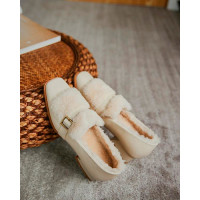 Fluffy Decor Buckled Square Toe Chunky Loafers - beige