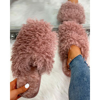 Fluffy Design Print Flat Slippers - pink