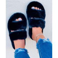 Fluffy Double Band Peep Toe Slippers - black