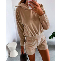 Fluffy Hooded Top & Pocket Design Shorts Set - Apricot