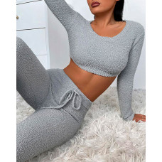 Fluffy Knitted Long Sleeve Crop Top & Pants Set - gray