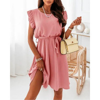 Flutter Sleeve Belted Casual Dress - pink