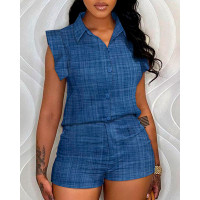 Flutter Sleeve Buttoned Top & Shorts Set - blue