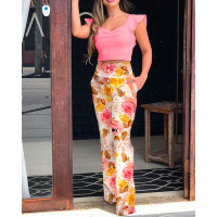 Flutter Sleeve Crop Top & Floral Print Pants Sets - pink