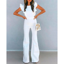 Flutter Sleeve Cutout Ruffle Hem Jumpsuit - white