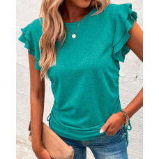 Flutter Sleeve Drawstring Ruched Top - green