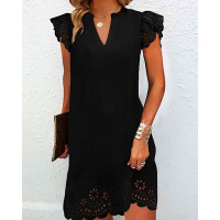 Flutter Sleeve Eyelet Embroidery Casual Dress - black