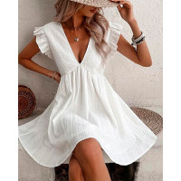 Flutter Sleeve Eyelet Embroidery Ruched Lace Dress - white