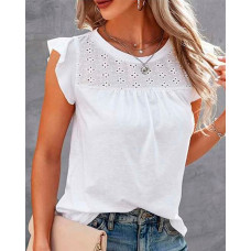 Flutter Sleeve Eyelet Embroidery Top - white