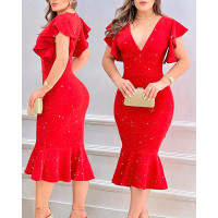 Flutter Sleeve Glitter Mermaid Dress - red