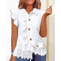 Flutter Sleeve Lace Patch Buttoned Top - white