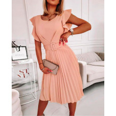 Flutter Sleeve Pleated Work Dress With Belt - pink