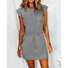 Flutter Sleeve Pocket Design Drawstring Casual Dress - gray