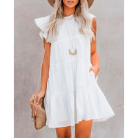 Flutter Sleeve Ruched Casual Dress - white