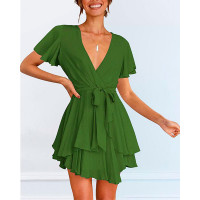 Flutter Sleeve Ruffle Hem Belted Casual Dress - green