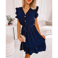 Flutter Sleeve Ruffle Hem Belted Casual Dress - purplish blue