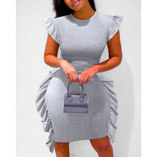 Flutter Sleeve Ruffle Hem Bodycon Dress - gray