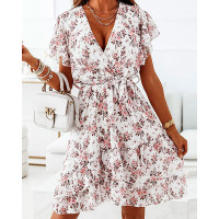 Flutter Sleeve Ruffle Hem Floral Print Dress - white