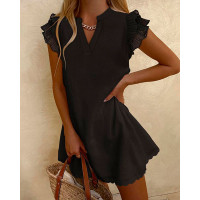 Flutter Sleeve Scallop Trim Casual Dress - black