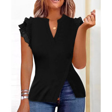 Flutter Sleeve Split Hem Notch Neck Top - black