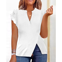 Flutter Sleeve Split Hem Notch Neck Top - white