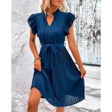 Flutter Sleeve Tied Detail Pleated Casual Dress - purplish blue