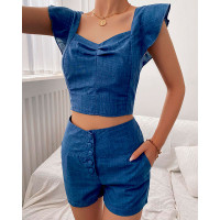 Flutter Sleeve Top & Buttoned Pocket Design Shorts Set - blue