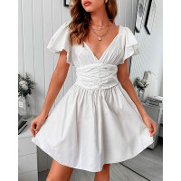 Flutter Sleeve V Neck Ruched Casual Dress - white