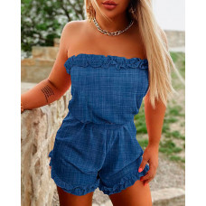 Frill Hem Bandeau Tied Detail Romper - blue