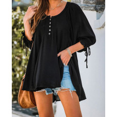 Frill Hem Buttoned Slit Lantern Sleeve Top - black