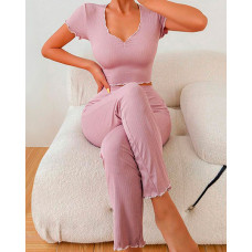 Frill Hem Contrast Piping Pajamas Set - pink