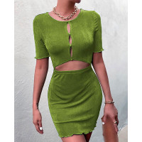 Frill Hem Cutout Front Top & High Waist Skirt Set - green