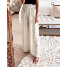 Frill Hem Drawstring Wide Leg Pants - white