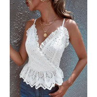 Frill Hem Eyelet Embroidery Cami Top - white