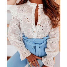 Frill Hem Eyelet Embroidery Lantern Sleeve Top - white