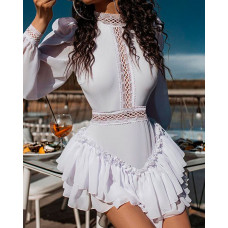 Frill Hem Lace Patch Layered Ruffles Casual Dress - white