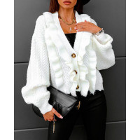 Frill Hem Lantern Sleeve Button Front Cardigan - white