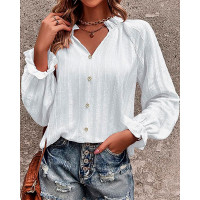 Frill Hem Lantern Sleeve Buttoned Top - white