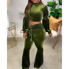 Frill Hem Lantern Sleeve Crop Top & Shirred Lace-up Bootcut Pants Set - green