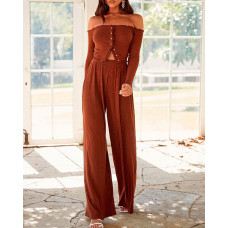 Frill Hem Off Shoulder Buttoned Top & Wide Leg Pants Set - Dark Brown