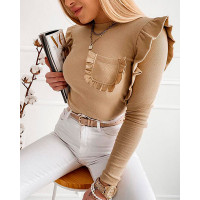 Frill Hem Patch Pocket Knit Top - khaki