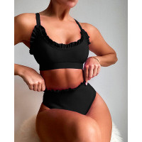 Frill Hem Plain Bikini Set - black