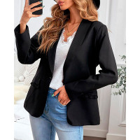 Frill Hem Pocket Decor Single Button Blazer Coat - black