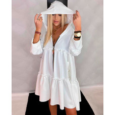 Frill Hem Ruched Long Sleeve Hooded Casual Dress - white