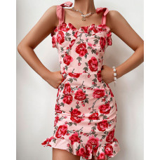 Frill Hem Ruffles Shirred Rose Print Dress - pink